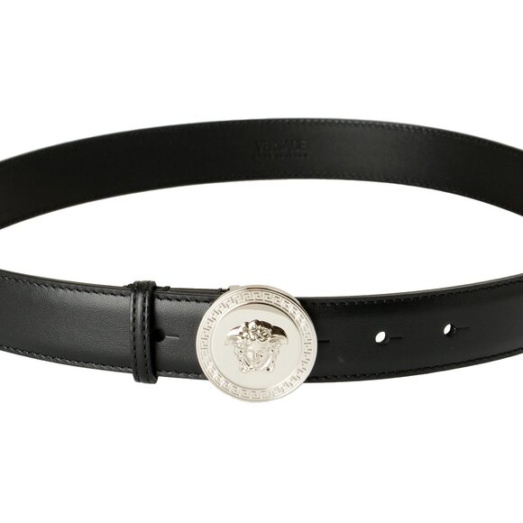 Versace Black 100% Leather Silver Medusa Head Logo Decorated Belt US 34 IT 85